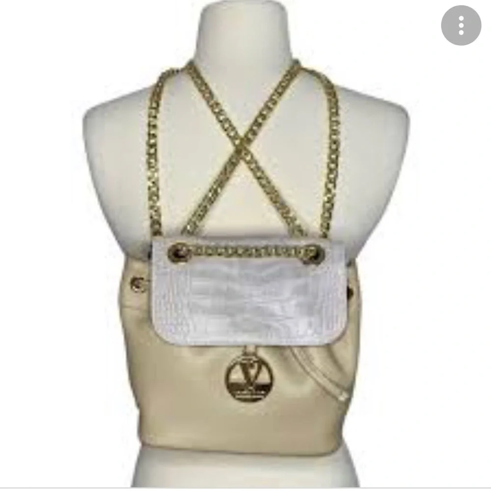 Valentina Backpack‎ Purse Beige Leather Croc Embossed Drawstring Travel Luxury